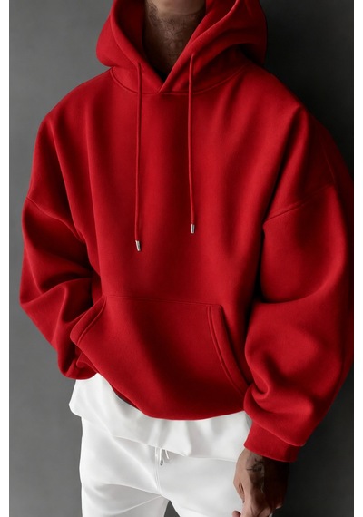 Tarz Cool Regular Kapüşonlu Sweatshirt Erkek Unisex 3 İplik Şardonlu %100 Pamuk Basic Hoodie Kırmızı