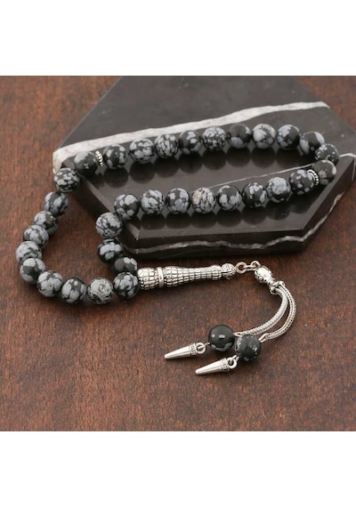 ​Doğaltaş Metal Püsküllü Obsidyen Taşı Tesbih