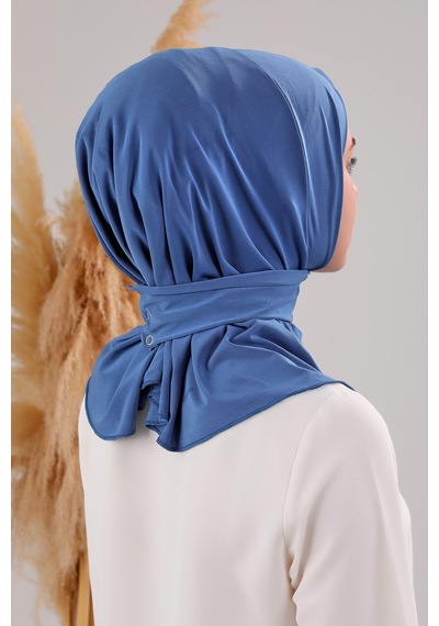 Melodi Scarf Kadın Tesettür Pratik Çıtçıtlı Sandy Fular Hazır Deniz Havuz Uyumlu Bone İndigo İndigo