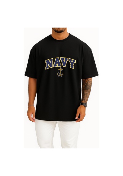 Bahriyeli Collection Oversize Blue Navy Anchor Göğüs Ve Sırt Baskılı Unisex T-shirt Siyah