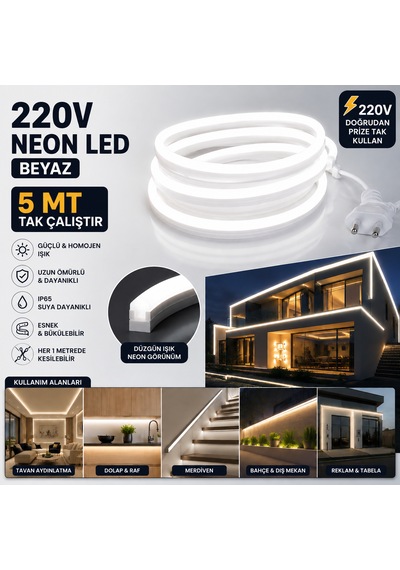 5 Metre Tak Çalıştır Parlak Güçlü Işık Borsan 220v Neon Led Beyaz Montaj Aparatı Dahil Beyaz 6000-6500K