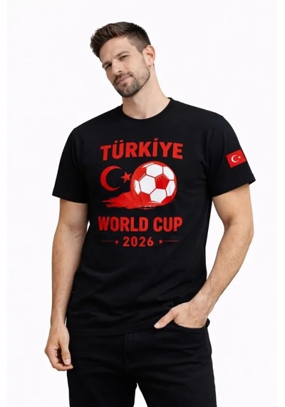 Suma Erkek Siyah Futbol Temalı Tişört - Türkiye World Cup 2026 Baskılı