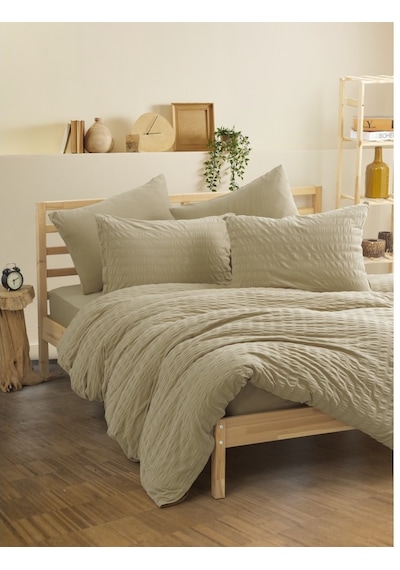 Cotton Box Crepe Lastikli Çarşaflı Lüks Penye Çift Kişilik Nevresim Takımı-bej Bej