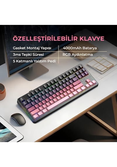 Aula F87 Pro Mekanik Rgb Tkl Graywood V4 Switch Kablosuz Makrolu Hot Swap Klavye Gradyan Pembe