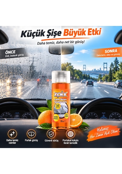 Zolx Portakal Kokulu Konsantre Oto Cam Suyu Şampuanı 50 Ml 1:60 Yoğun Formül
