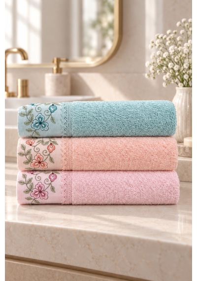 Bahar Dalı Çiçek Nakışlı El Yüz Havlusu 50x90 Cm 3 Lü Set %100 Pamuk - Coral Breeze Çok Renkli