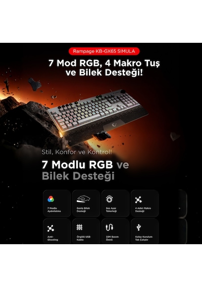 Kb-gx65 Sımula Beyaz Usb Rgb Aydınlatmalı 4 Makro Tuşlu Bilek Destekli Gaming Oyuncu Klavyesi