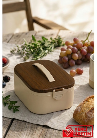 Lunchee - Çelik Bölmeli Sızdırmaz Ahşap Görünümlü Vakum Kapaklı Yemek Kabı Lunchbox 650 Ml Kahverengi