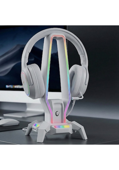 Rampage Rm-h27 Igrıs Kulaklık İçin Stand Rgb Işıklı 3 Usb 1 Type-c Bey