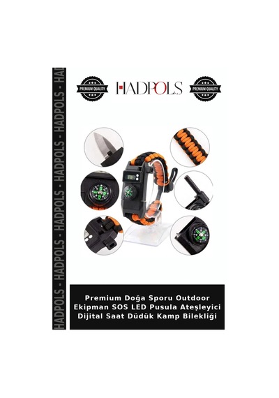 Premium Doğa Sporu Outdoor Ekipman Sos Led Pusula Ateşleyici Dijital Saat Düdük Kamp Bilekliği Turuncu