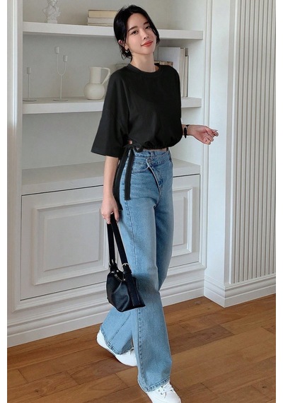 Kadın Oversize Basic Haki Tişört Yan Bağlamalı Rahat Kesim Günlük Yazlık T-shirt Siyah