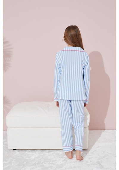 Siyah İnci Mavi Beyaz Çizgili Düğmeli Biyeli Örme Pijama Takım