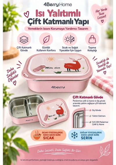 2 Bölmeli Yemek Termosu - Pembe Geyik Desenli Beslenme Kabı - 1000 Ml, Sızdırmaz, Kaşıklı, Paslanmaz Çelik