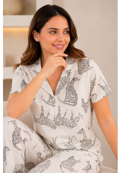 Mirano 4870 Dijital Baskı Kumaş Düğmeli Kısa Kolu Leoparlı Kadın Pijama Takımı Ekru