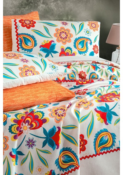 %100 Pamuk, Karnaval Desen Çift Kişilik Pike Yatak Örtüsü 200x230 Cm Sarı