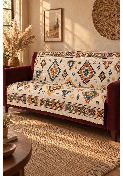 Çok Amaçlı Kadife Koltuk Örtüsü Kaymaz Süngerli 165x215 Cm Modern Bohem Çekyat Şalı Piknik Masa Örtüsü Alk15 krem