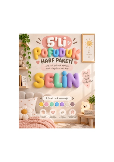 5'li Pofuduk Harf Duvar Dekoru İsme Özel Çocuk Odası Bubble Harfler