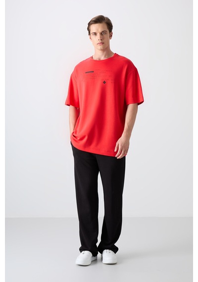 Tommy Life Fiesta Pamuklu Kalın Yumuşak Dokulu Oversize Fit Baskılı Erkek T-shirt - 88326 Kirmizi