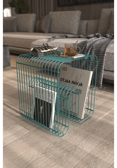 Santorini Tel Metal Tasarımlı Modern Paslanmaz Yan Sehpa, Dekoratif Metal Sehpa Boz Turkuaz