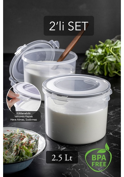 Meleni Home Hava Almaz Kapaklı Saklama Kabı Seti Vakum Kapaklı Yoğurt Kefir Mayalama Kabı 2'li 2 x 2500 ML