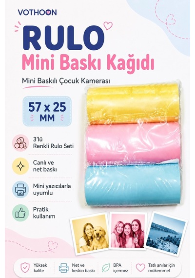 Çocuk Fotoğraf Makinesi Yedek Termal Baskı Kağıdı Renkli 3 Lü Rulo - 57x25mm