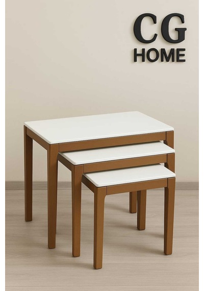 Ant Home Mono Zigon Sehpa Üçlü Lüx %100 Ağaç Lake Boyalı Sehpa Ekru