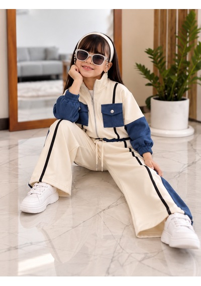 Kokoş Bebe Kot Garnili Şerit Detaylı Kız Çocuk 2 Li Eşofman Takım -5/12 Yaş - 31932 Krem