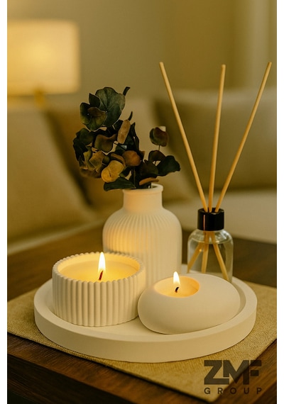 Dekoratif Tepside 5 Li Set Çizgili Vazo, Vanilya Kokulu Mum, Tealight Mumluk, Oda Kokusu Beyaz