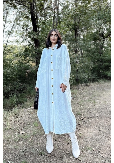 WeShaya Kadın Ekru Yarasa Kol, Arkası Pliseli, Çift Cepli, Uzun Oversize Salaş Gömlek Elbise Ekru WeShaya Kadın Ekru Yarasa Kol, Arkası Pliseli, Çift Cepli, Uzun Oversize Salaş Gömlek Elbise Ekru