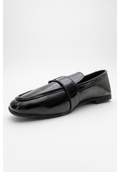 Luvishoes Luvi Shoes Clarıon Siyah Rugan Hakiki Deri Kemerli Küt Burun Kadın Loafer Ayakkabı SİYAH RUGAN