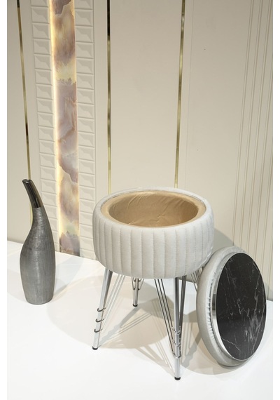 Bianco Metal Ayaklı Puflu Zigon Sehpa Krom Bej Chrome Beige