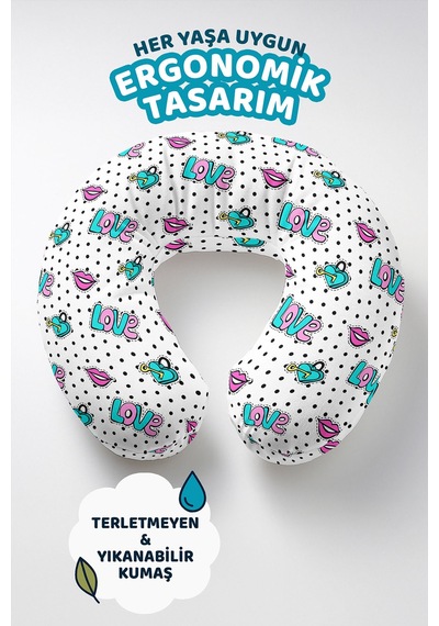 Love Yazılı Noktalı Ergonomik Boyun Yastığı - Renkli Dudak Desenli Beyaz Seyahat Yastığı Tozlu Deniz Çakıl