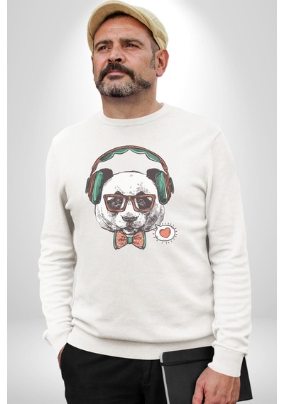 Kulaklıklı Hipster Portre Panda Unisex Beyaz Baskılı Sweatshirt Beyaz