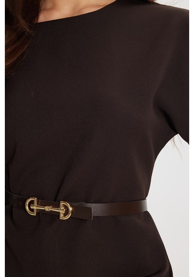 Tudors Kadın Slim Fit Dar Kesim Kol Detaylı İnce Kemerli Fermuarlı Kahverengi Bluz Gömlek-50760