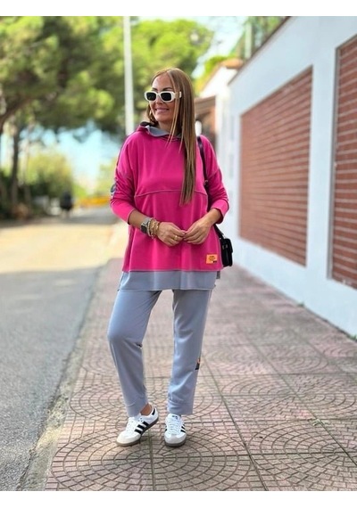 DefyModa Kadın Pembe Kapşonlu Etek Ucu Detay Arma Ters Dikiş Gorunumlu Ikili Takım