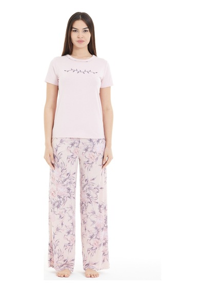 Lılac Kadın Çiçek Desenli %100 Viscon Pijama Takımı Pudra Pembe Pudra Pembe