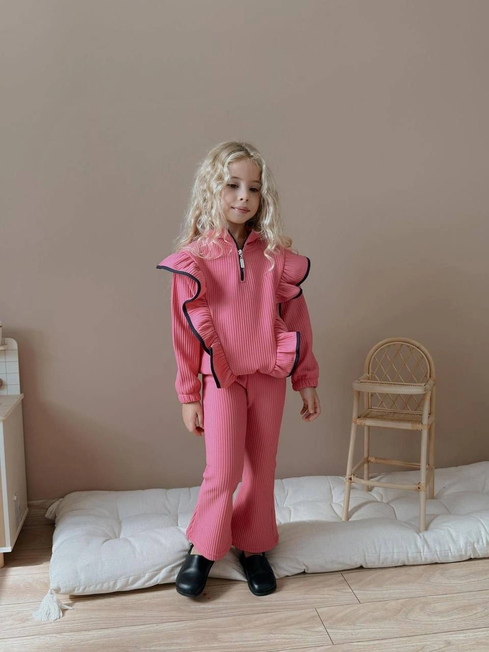 Miniko Kids Kız Çocuk Yaka Fermuarlı Fitilli İspanyol Paça Takım Pembe
