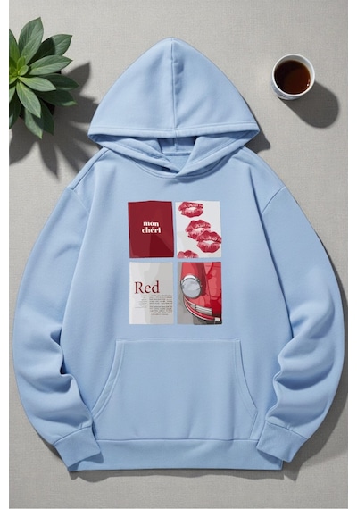 Uyguntarz Unisex Red Mon Cheri Baskılı Kapüşonlu Sweatshirt Bebe Mavisi