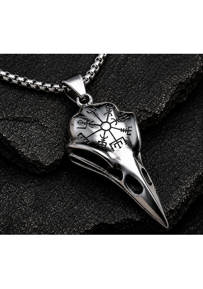 Vegvisir Sembol Paslanmaz Çelik Viking Kuzgun Kurukafa Erkek Çelik Raven Kolye Metalik Çelik