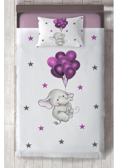 Mekta Home Bebek Ve Çocuk Odası Filli Ve Mor Balon Desenli Yatak Örtüsü Renkli