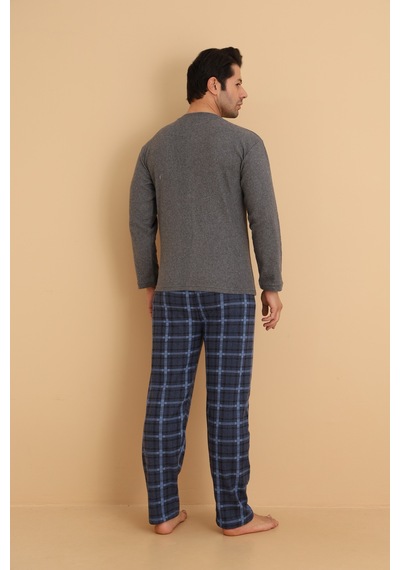 Wordex Flkn 7015 İnterlok Kışlık Ekose Pijamalı Erkek Pijama Takımı Füme