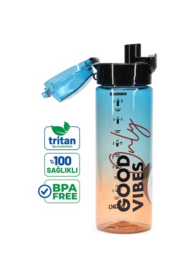 Su Matarası Tritan Geniş Ağız Su Şişesi Good Vibes Spor Matarası Suluğu Bpasız 550 Ml Mavi 0100