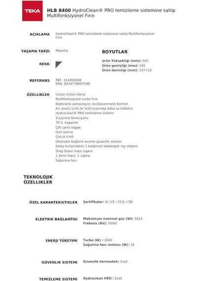 Teka HLB 8400 ST Ankastre Multifonksiyonel Dijital Ekranlı Turbo Fırın
