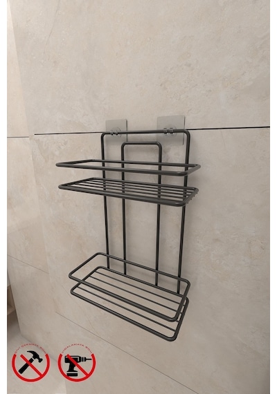 Alper Banyo Siyah 3 Raflı Düz Banyo Şampuanlığı, Yapışkanlı
