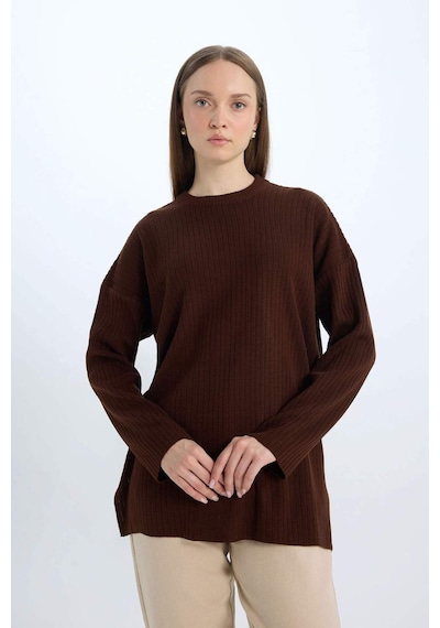DeFacto Relax Fit Bisiklet Yaka Basic Düz Triko Tunik Kazak E2938AX24WNBN320 Kahve