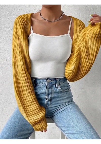 Moibody Triko Örgü Reglan Kol Bolero Hırka Kore Tarzı 4 Mevsim Sarı Sarı