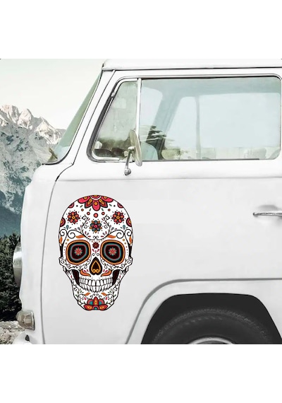 Çiçek Desenli Kurukafa Sticker - Araba Oto Araç Motosiklet Karavan Sticker - 00077 10X6 Cm
