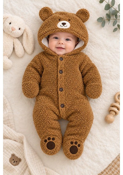 Beniizle 0-6 Ay Unisex Ayıcık Kapüşonlu Welsoft Bebek Tulum Kahverengi