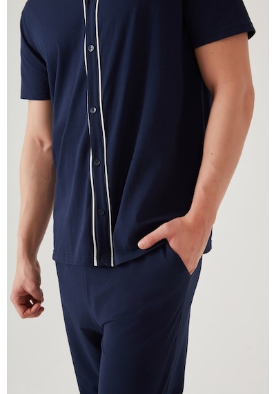 Erkek Kısa Kollu Pamuklu Gömlek Yaka Düğmeli Biyeli Pijama Takımı Ke30118 Siyah - Beyaz