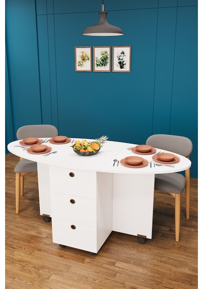 Asra Trend KM-08 %100 MDF 141x72 cm Katlanır Akıllı Mutfak Masası Tekerlekli Servis Masası 2 Çekmeceli Beyaz